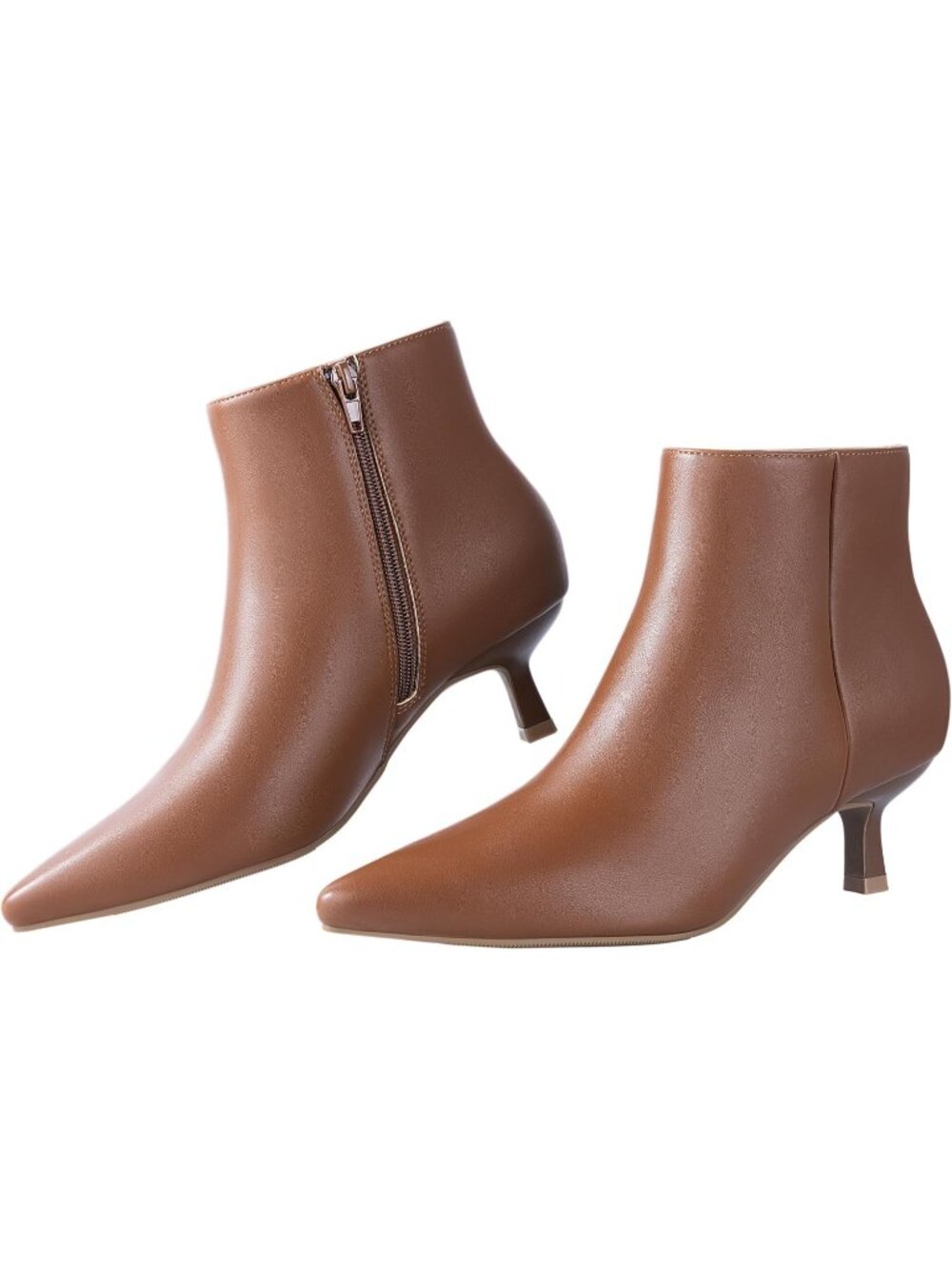 Women's Brown Faux Leather Pointed Toe Memory Foam Side Zipper Heel Ankle Boots